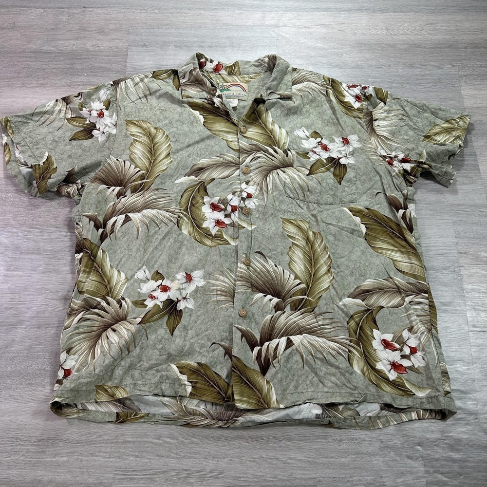 Paradise Found Shirt Mens Large Green Leaf Floral Hawaiian Rayon Aloha Button Up